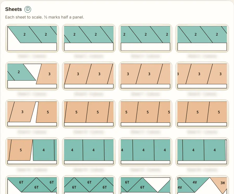 Pro cladding view: zome panels nested on sheets