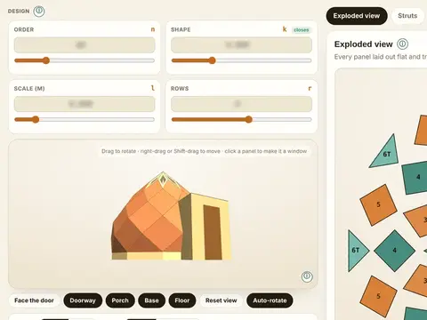 The Pro designer: a zome in 3D with a porch, beside every panel laid out flat