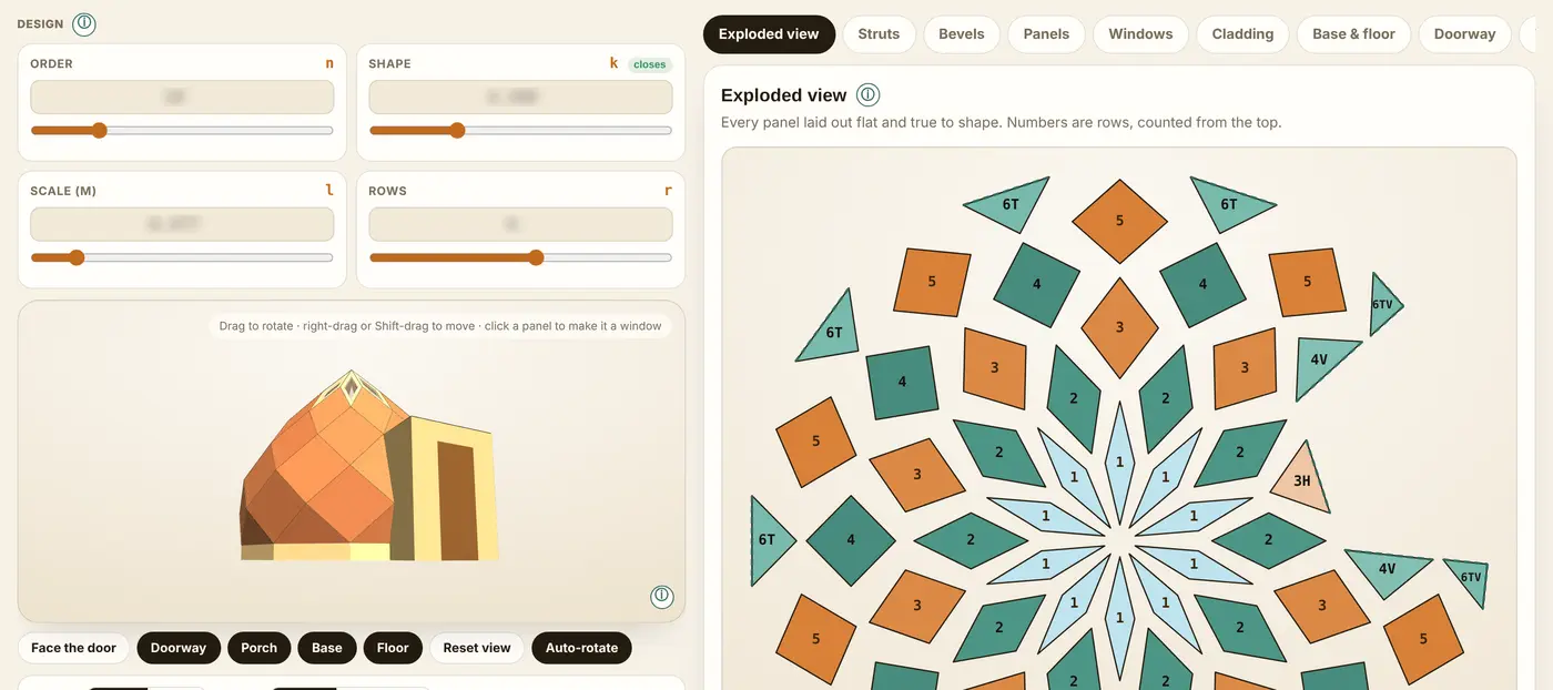 The Pro designer: a zome in 3D with a porch, beside every panel laid out flat