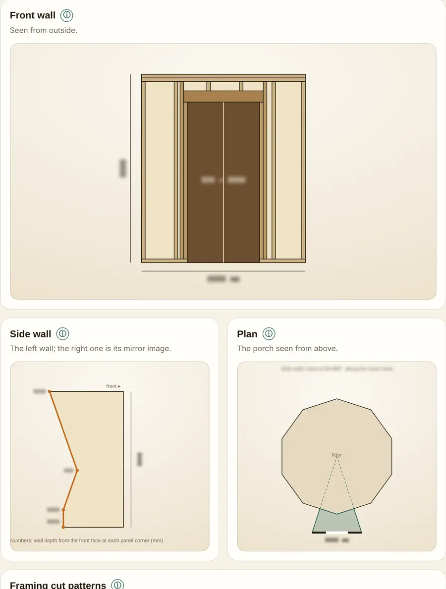 Pro doorway view: front wall framing around a door, side wall and porch plan