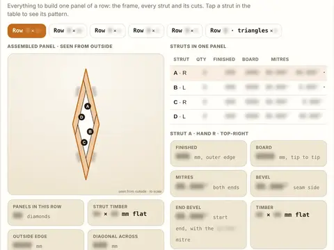 Pro strut view: an assembled diamond with struts A to D and their cut details